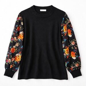 89th Madison Black Floral Print Sleeve Sweater Women's 3X Puff Sleeve Knit Top